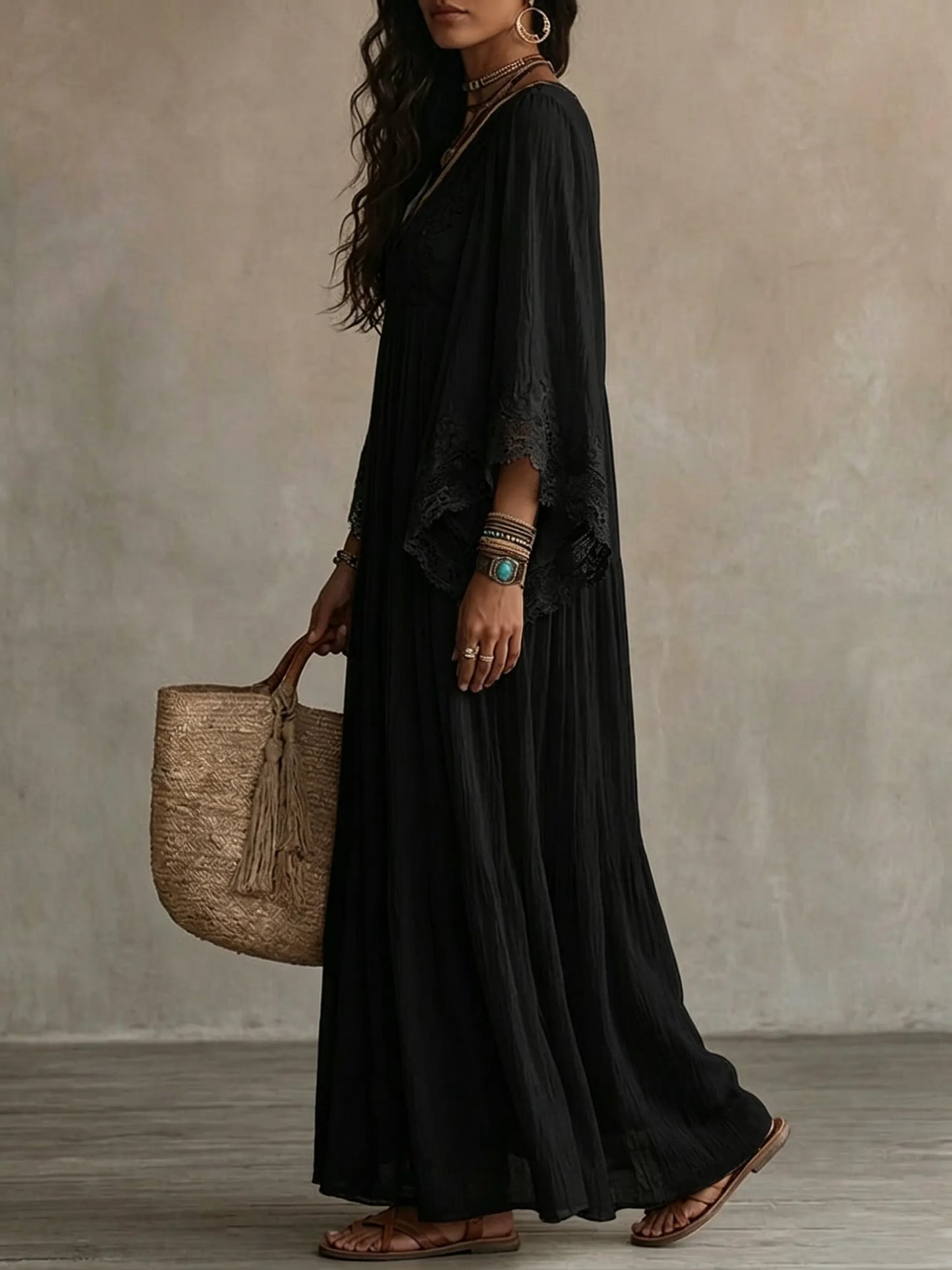 Black Lace V-neck Batwing Sleeve Chiffon Maxi Dress