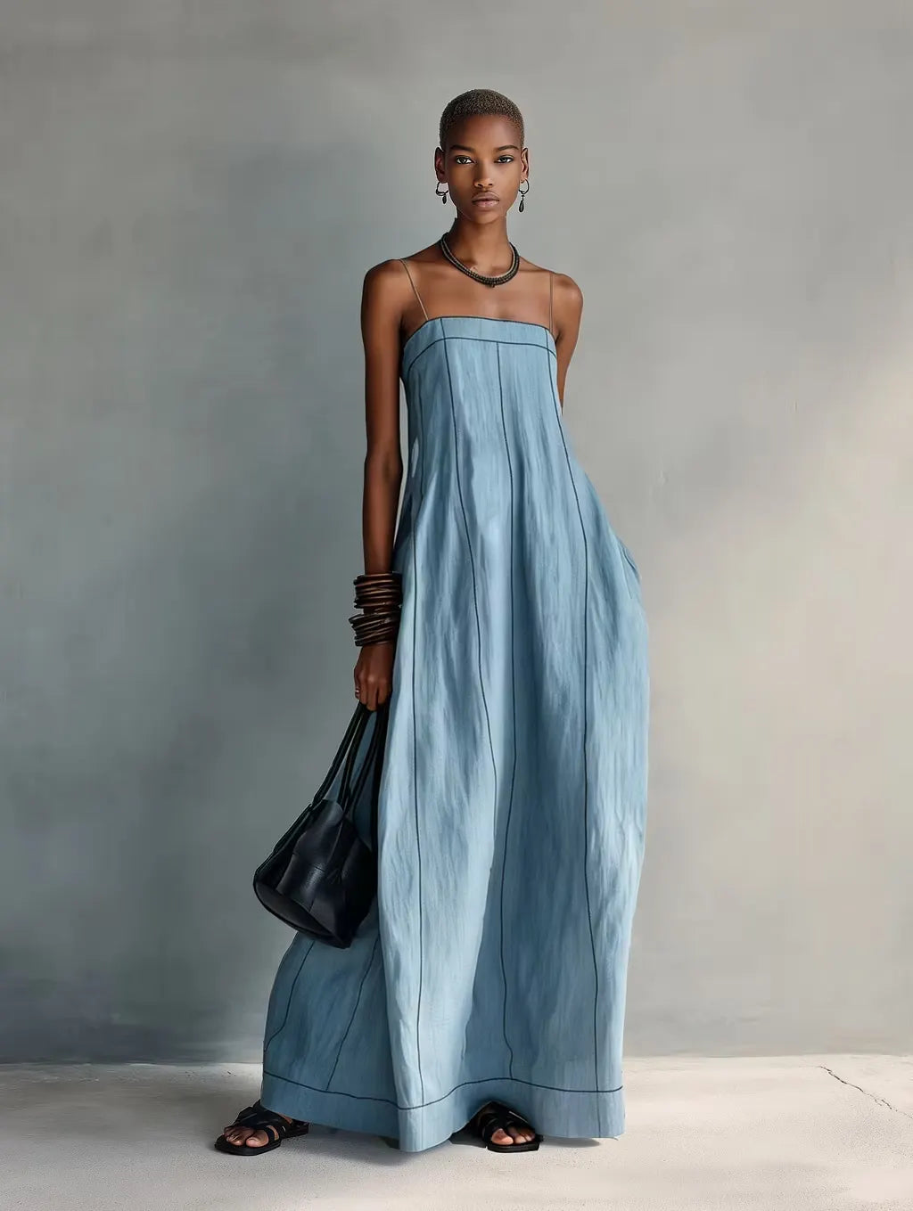 Blue Casual Cotton Linen Spaghetti Strap Maxi Dress