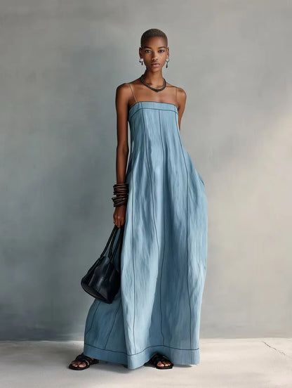 Blue Casual Cotton Linen Spaghetti Strap Maxi Dress