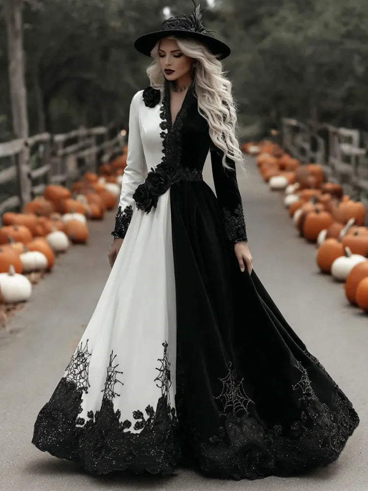 Women's Classic Halloween Black Roses And Spider Web Art Comfy Velvet Maxi Dress