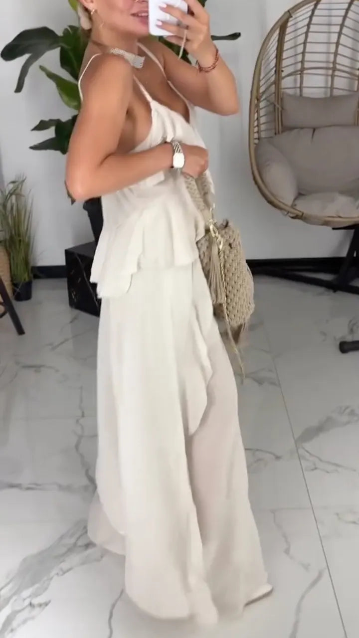 Women's V-Neck Ruffled Strappy Top & Wide-Leg Pants Set