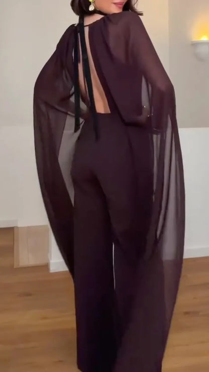 Chiffon Cape Sleeve Flared Leg Formal Jumpsuit