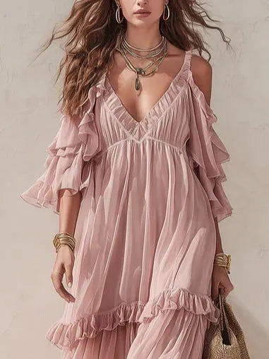 Romantic Pink Off-shoulder Layered Ruffle Flowing Maxi Dress