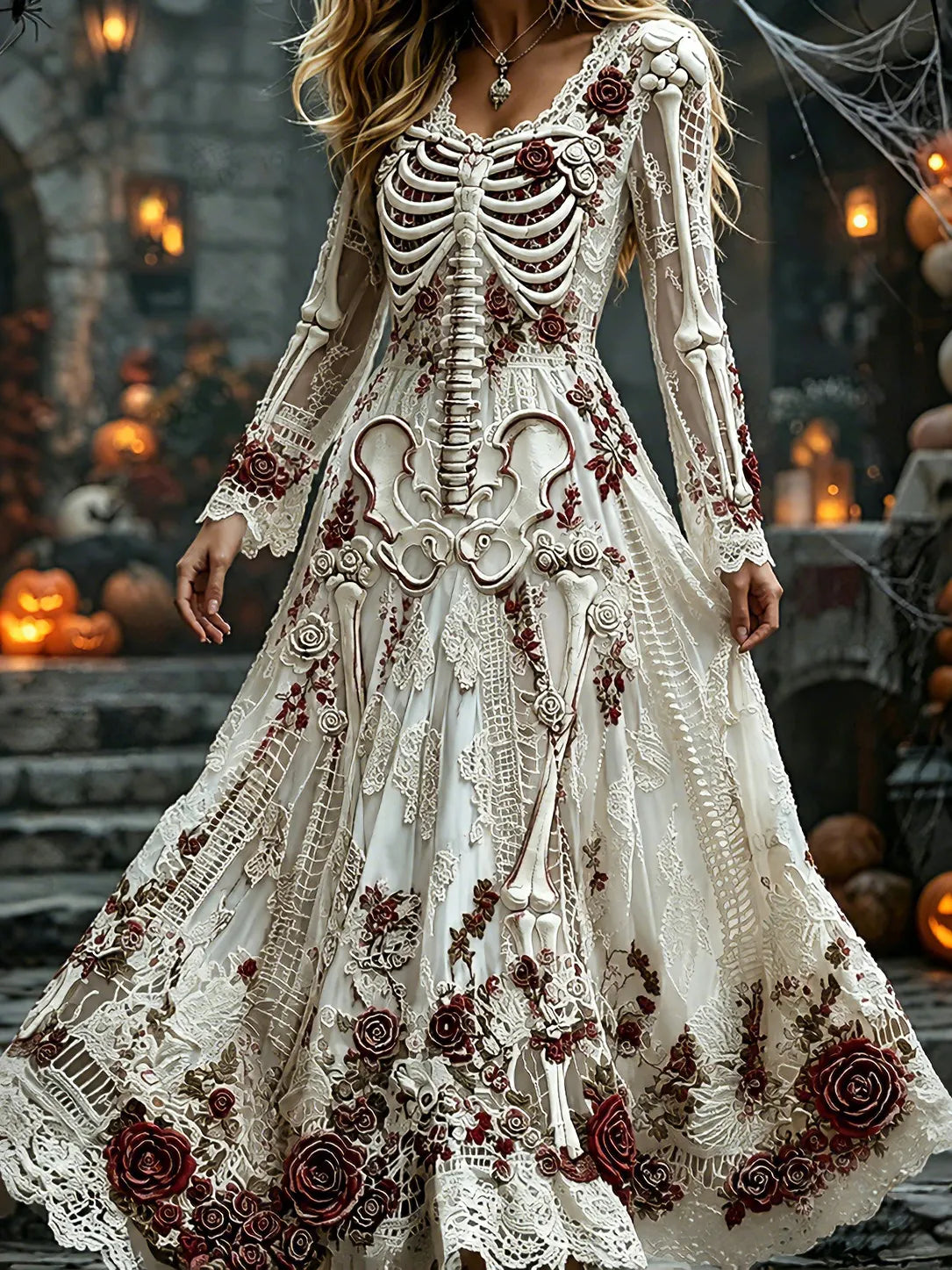 Women's Retro Rose Floral Human Skeletal Art Pattern Casual Linen Maxi Dress