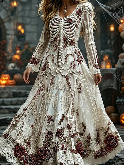 Women's Retro Rose Floral Human Skeletal Art Pattern Casual Linen Maxi Dress
