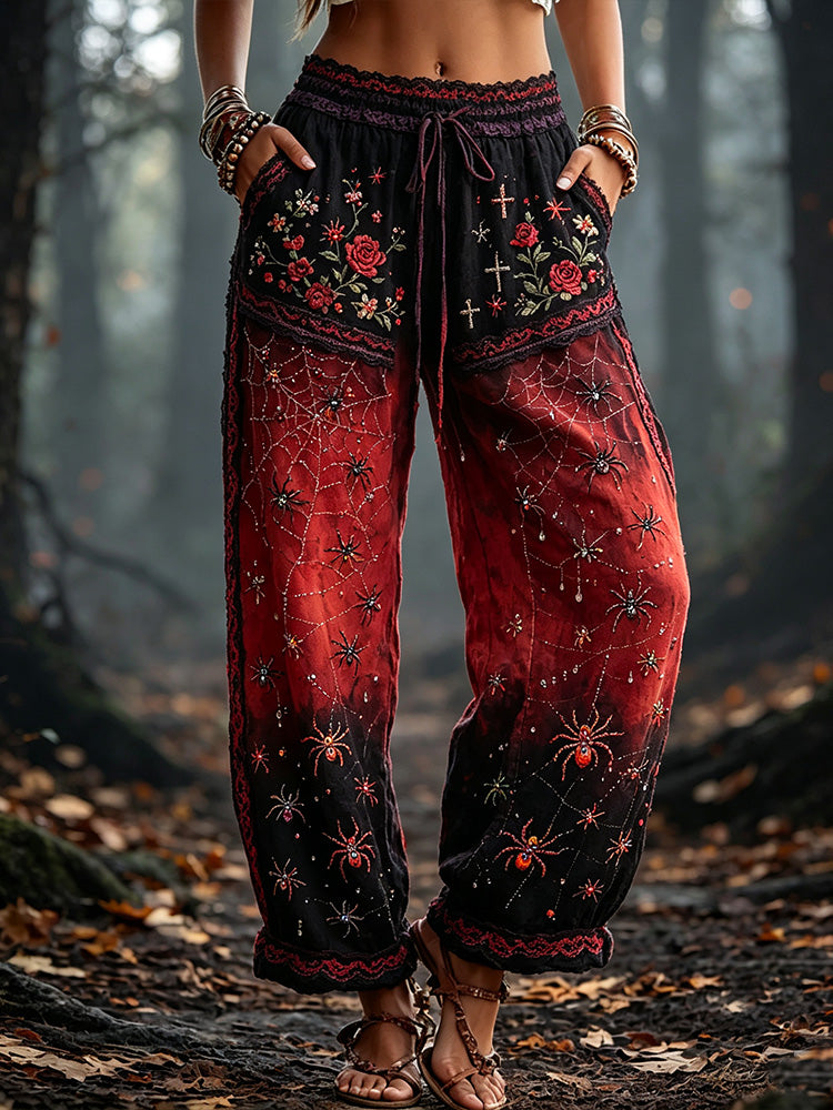 Women's Halloween Spider And Rose Art Gradient Distressed Casual Linen Pants