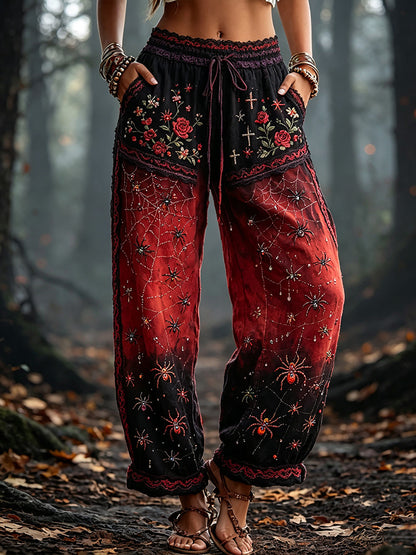 Women's Halloween Spider And Rose Art Gradient Distressed Casual Linen Pants