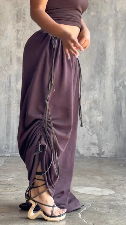 Drawstring Ruched Wide Leg Pants