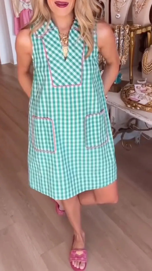 Green Gingham Sleeveless Shift Dress