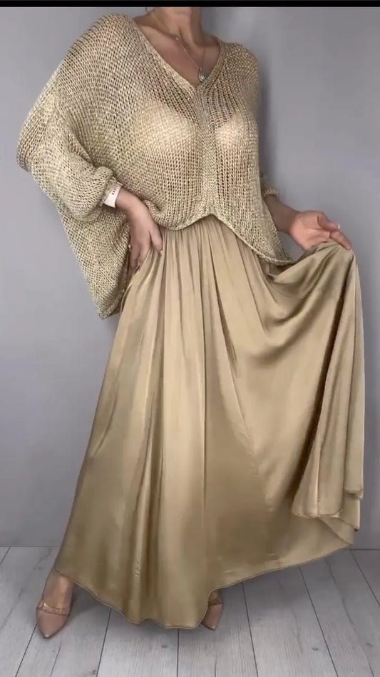 Gold Open Knit Cropped Sweater with Satin Maxi Skirt Set