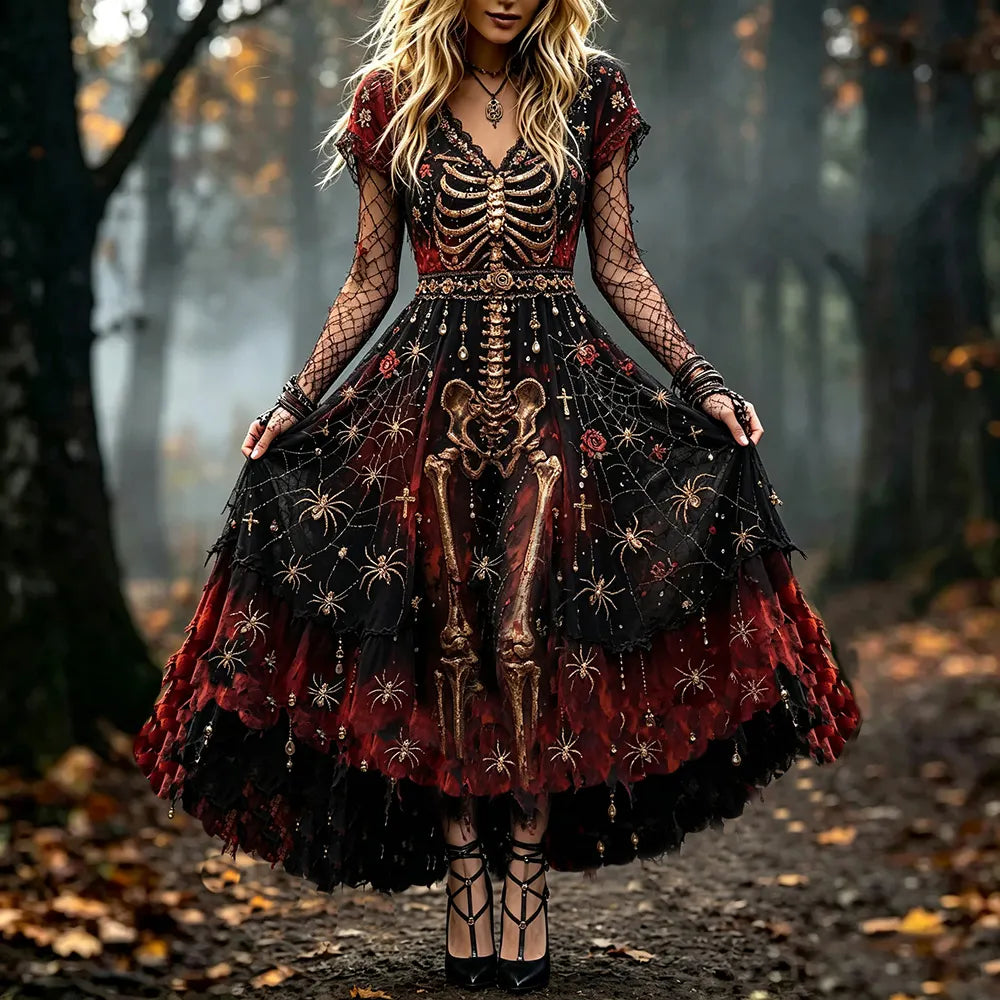 Women's Halloween Skull And Spider Art Distressed V-neck Short Sleeve Dress