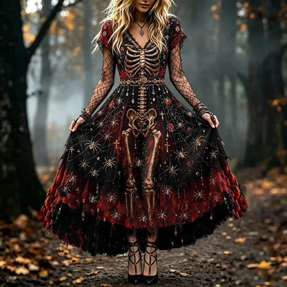 Women's Halloween Skull And Spider Art Distressed V-neck Short Sleeve Dress