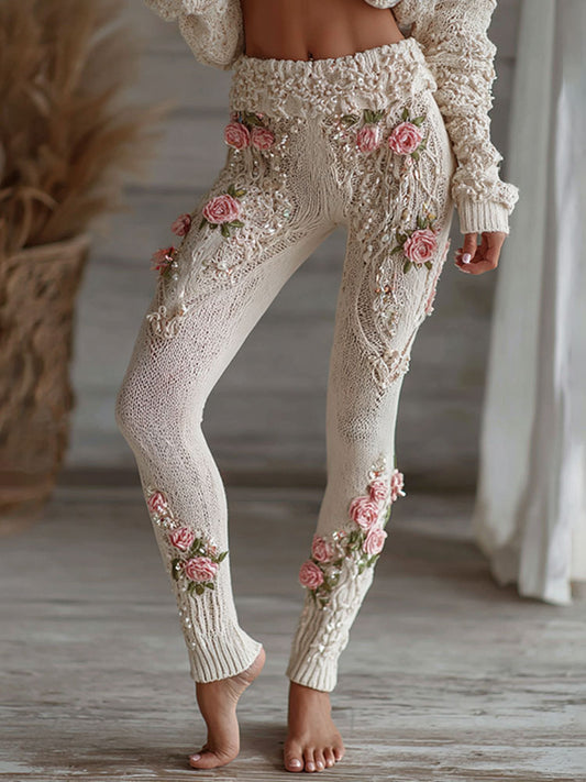 Women's Vintage Pink Floral Art Cozy Knit Leggings