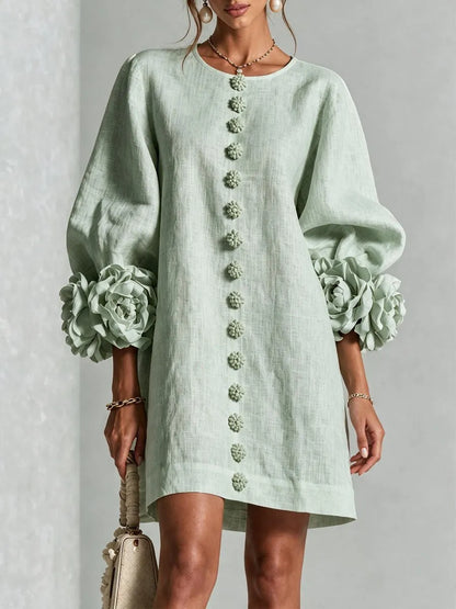 Women's 3D Floral Cuff Balloon Sleeve Mini Dress, Front Floral Button Cotton Linen Blend Shift Dress