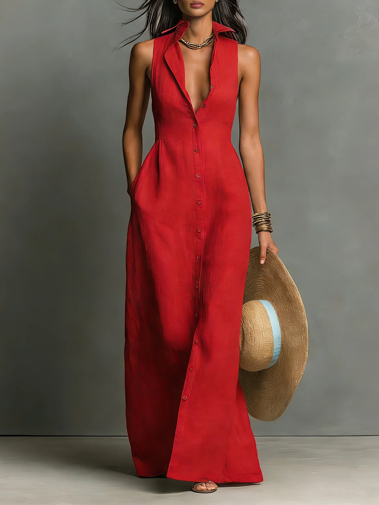 Linen Sleeveless Shirt Maxi Dress