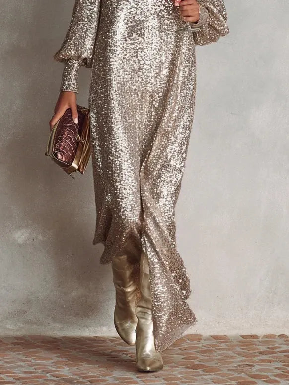 Minimalist Loose Shimmering V-neck Maxi Party Dress