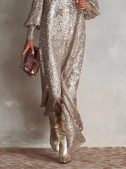 Minimalist Loose Shimmering V-neck Maxi Party Dress