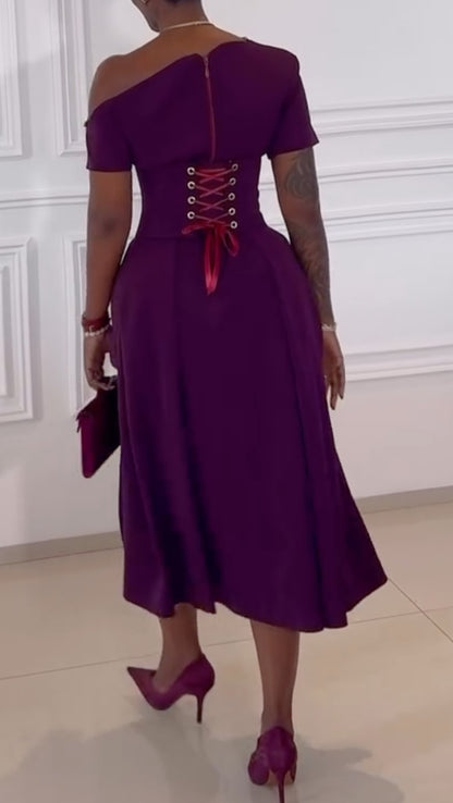 Deep Purple Off-the-Shoulder Midi Dress