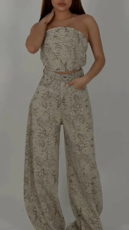 Vintage Sparkle Printed Denim Strapless Two Piece Set