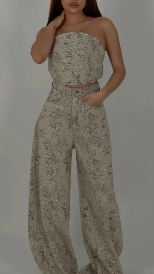 Vintage Sparkle Printed Denim Strapless Two Piece Set