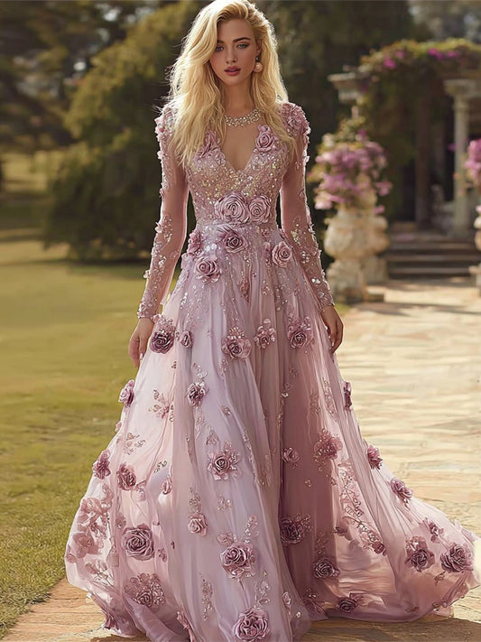 Boho Purple Roses Embroidered Long Sleeve Flowy Maxi Dress