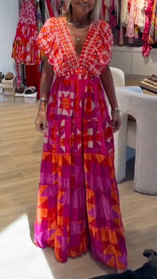 Geometric Print Tiered Maxi Dress