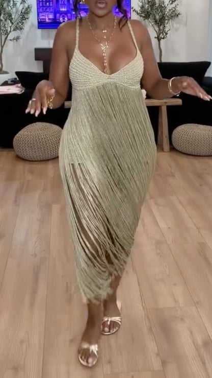 Gold Metallic Fringe Halter Neck Sleeveless Jumpsuit