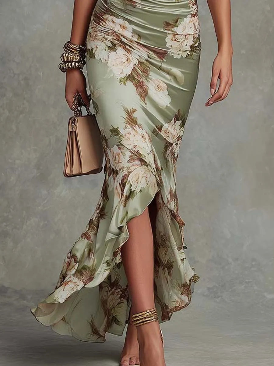 Green Floral Ruffled Bell Sleeve V-neck Satin Asymmetrical Maxi Dress