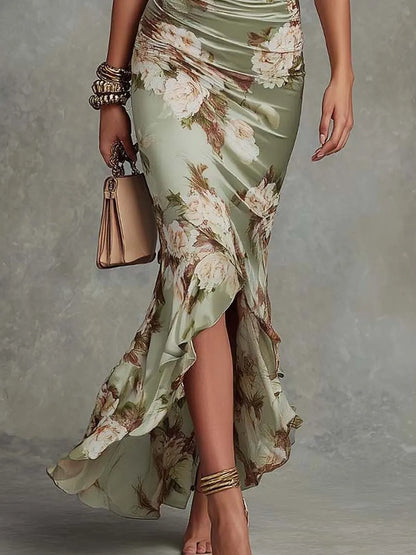 Green Floral Ruffled Bell Sleeve V-neck Satin Asymmetrical Maxi Dress