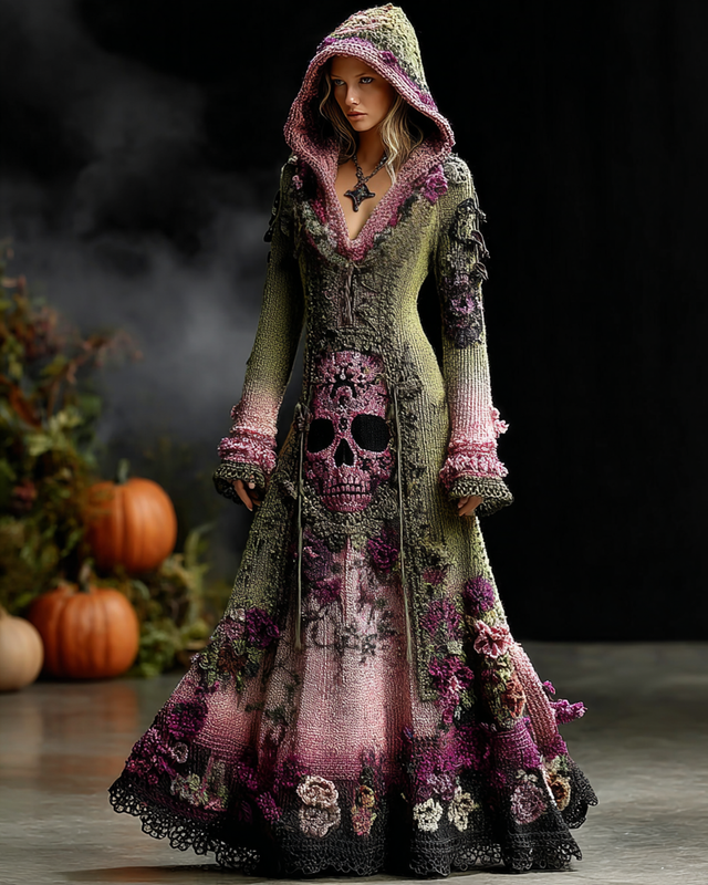 Halloween-Themed Skull Floral Embroidered Knit Hooded Dress  c4d5