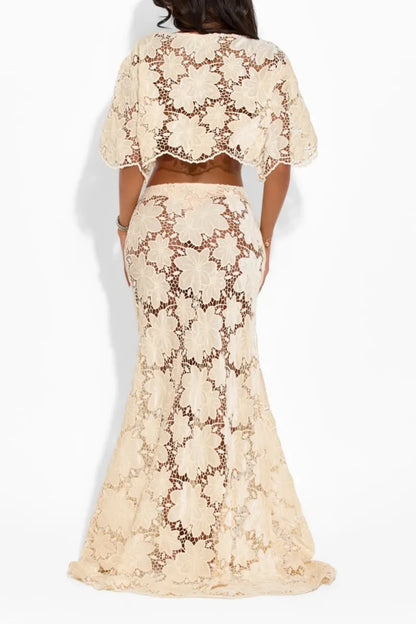 Beige Floral Lace Cropped Top Maxi Skirt Two-Piece Set