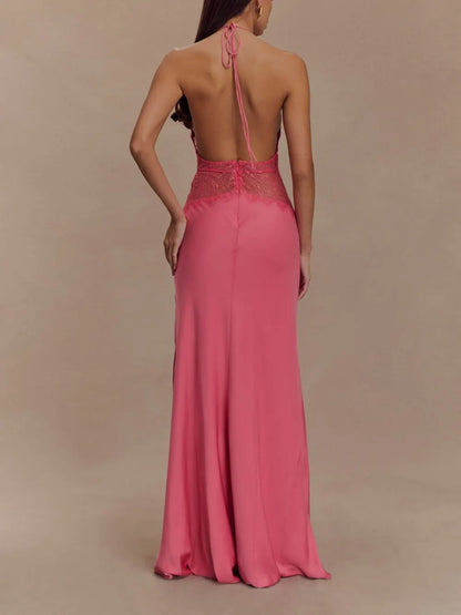 Deep V silk satin maxi dress with halterneck