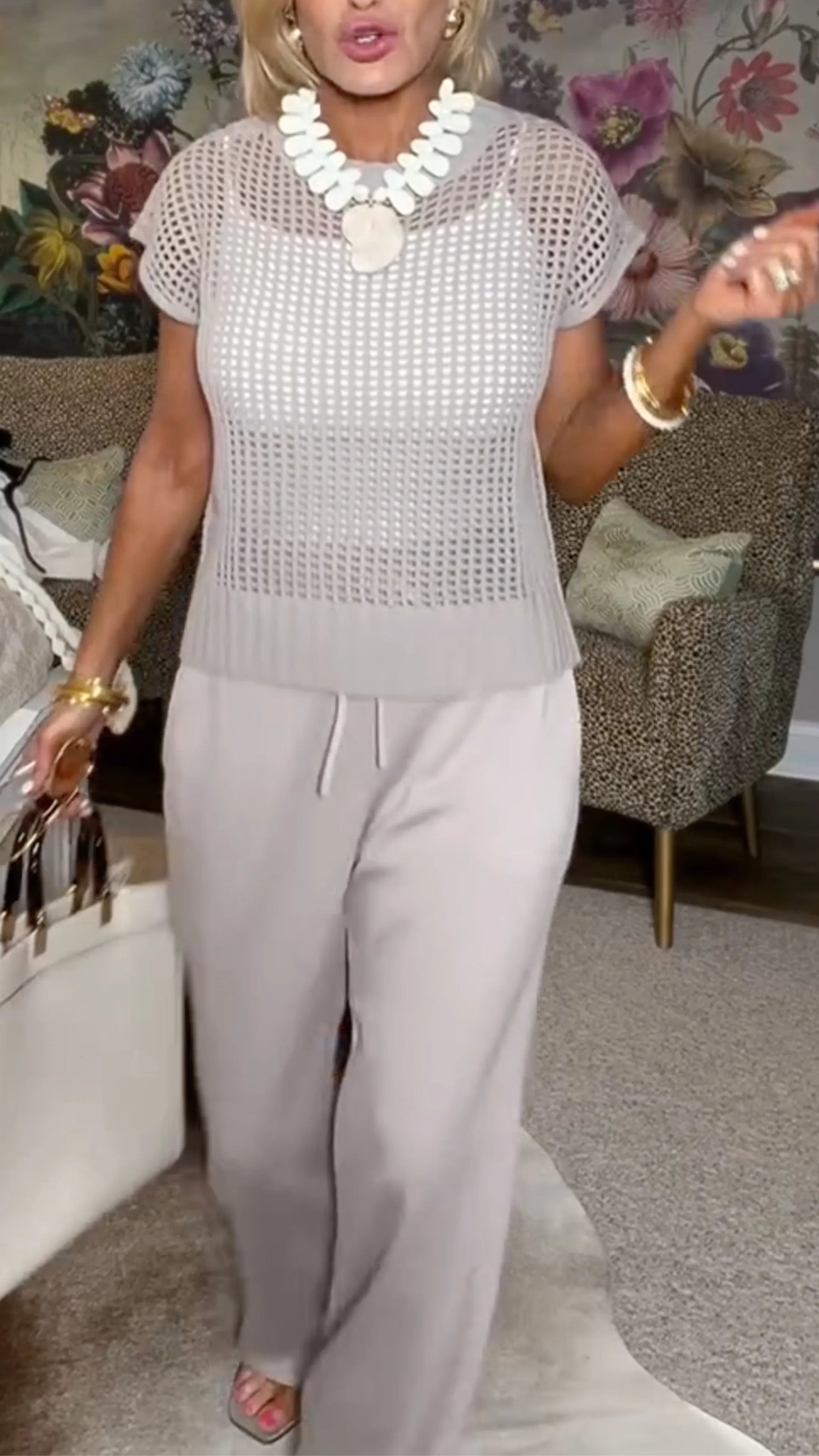 Women's Crew Neck Open-Knit Top + Drawstring Flared Pants Set