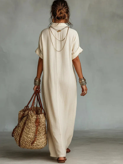 Women's Collared Cotton Linen Printed Casual Long Dress