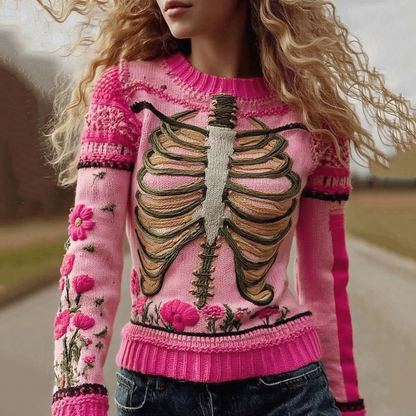 Vintage Halloween Anatomy With Floral Art Chunky Knitted Sweater