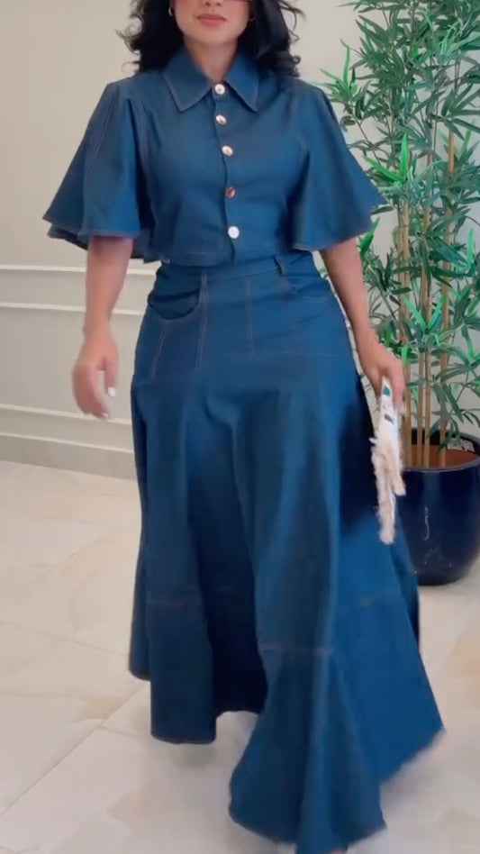 Dark Denim Flare‐Sleeve Top & Maxi Skirt Two‐Piece