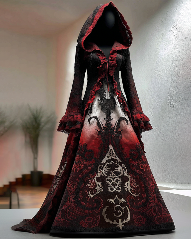 Halloween themed gradient irregular devil lace patchwork hooded dress a904
