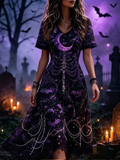 Women's Gothic V-neck Short Sleeve A-line Dress With Purple Moon And Bat Print