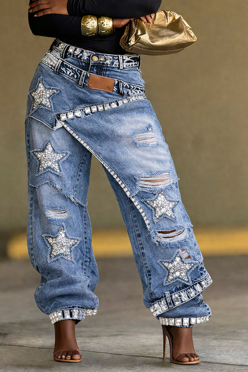 Light Blue Star Rhinestone Distressed Baggy Jeans