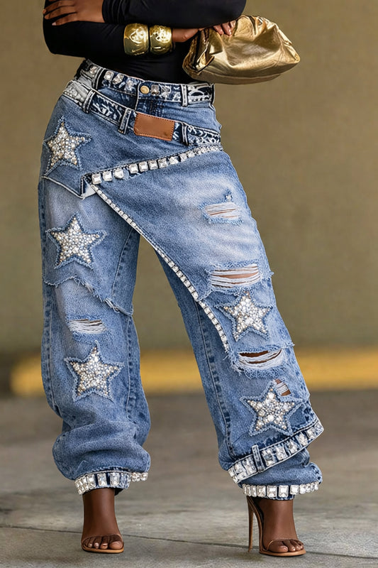 Light Blue Star Rhinestone Distressed Baggy Jeans
