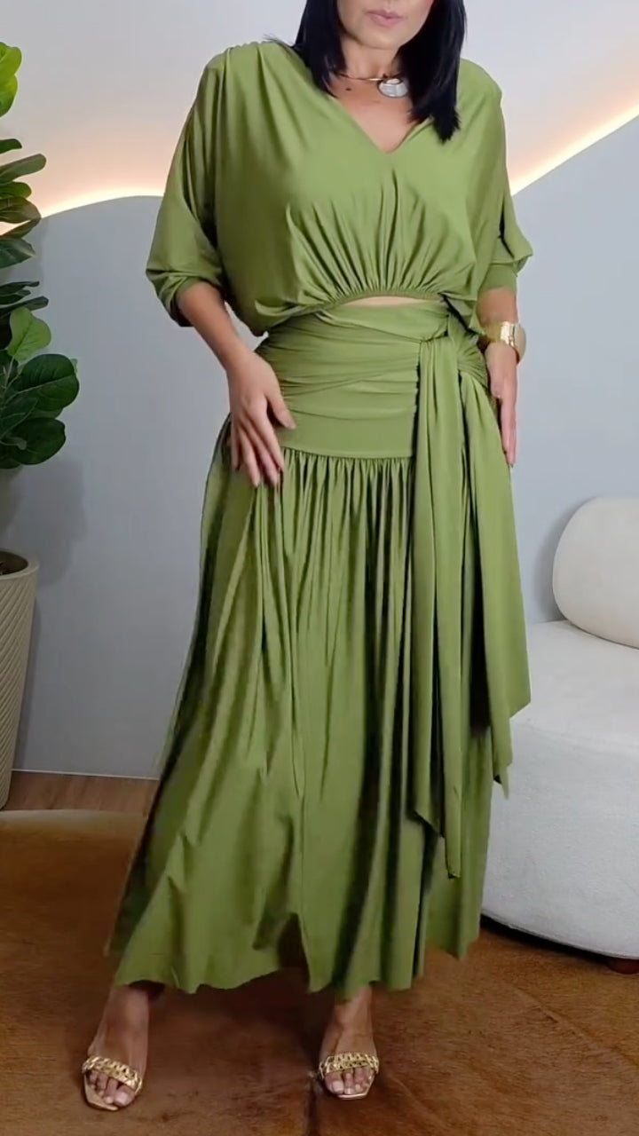 Draped V‑Neck Top & Ruched Pleated Maxi Skirt Co‑Ord Set