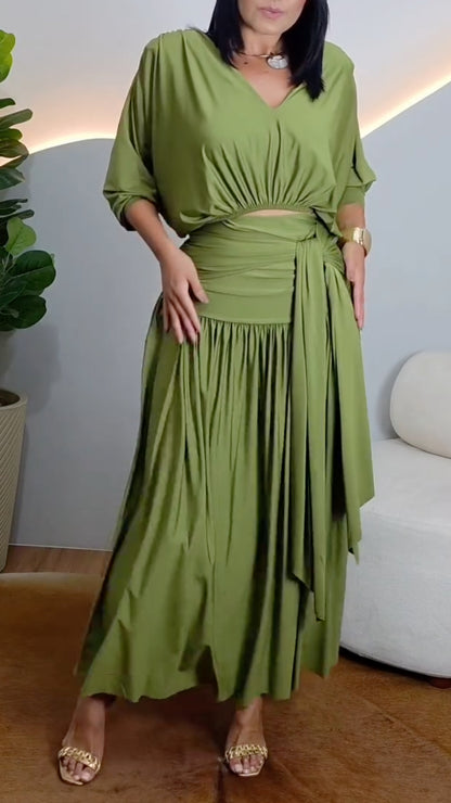 Draped V‑Neck Top & Ruched Pleated Maxi Skirt Co‑Ord Set