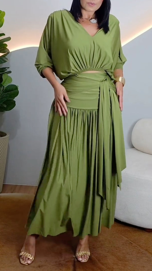 Draped V‑Neck Top & Ruched Pleated Maxi Skirt Co‑Ord Set
