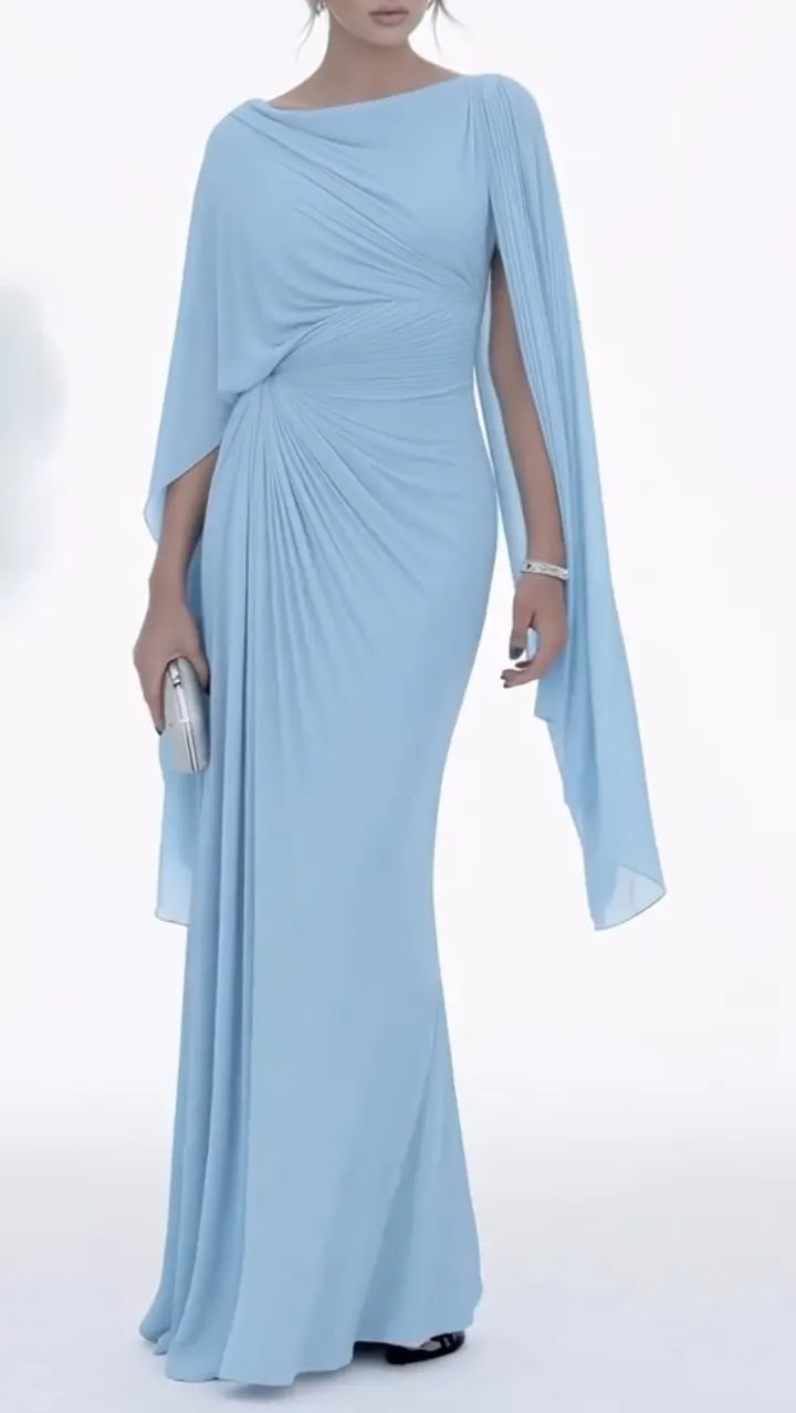 Draped Cape Sleeve Ruched Waist Bodycon Maxi Dress