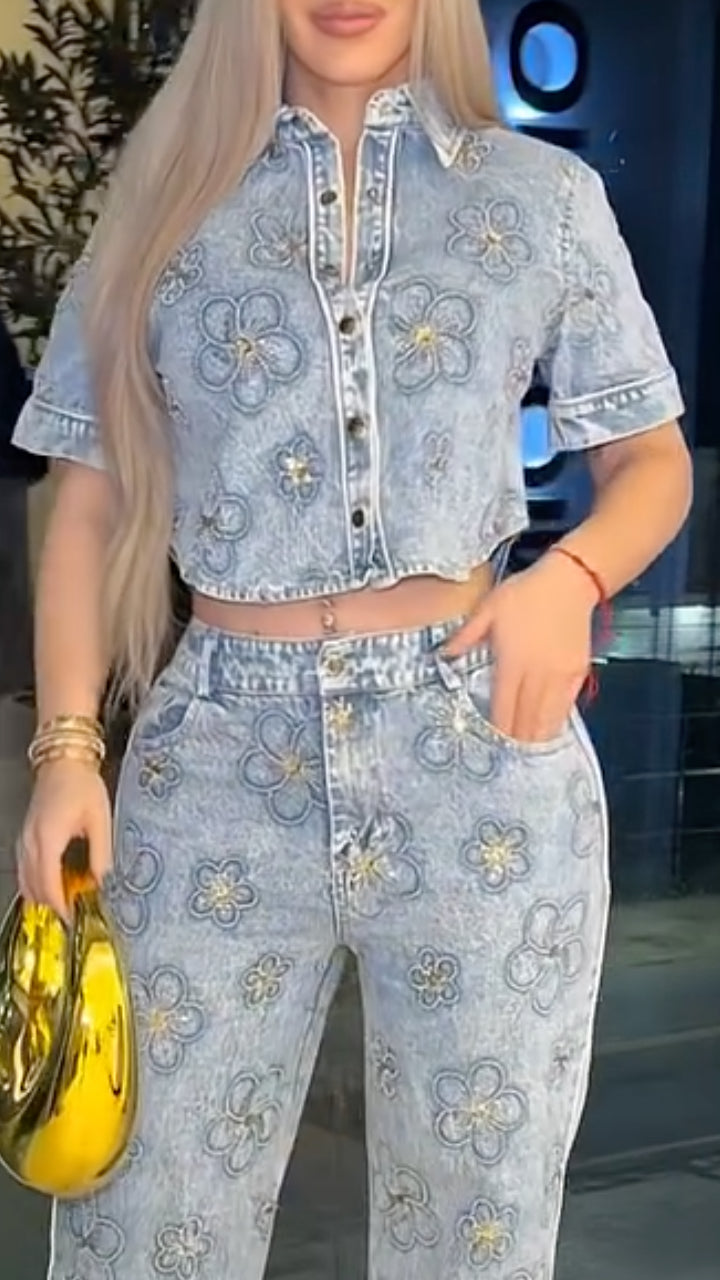 Light Wash Gold Floral Embroidered Denim 2 Piece Set