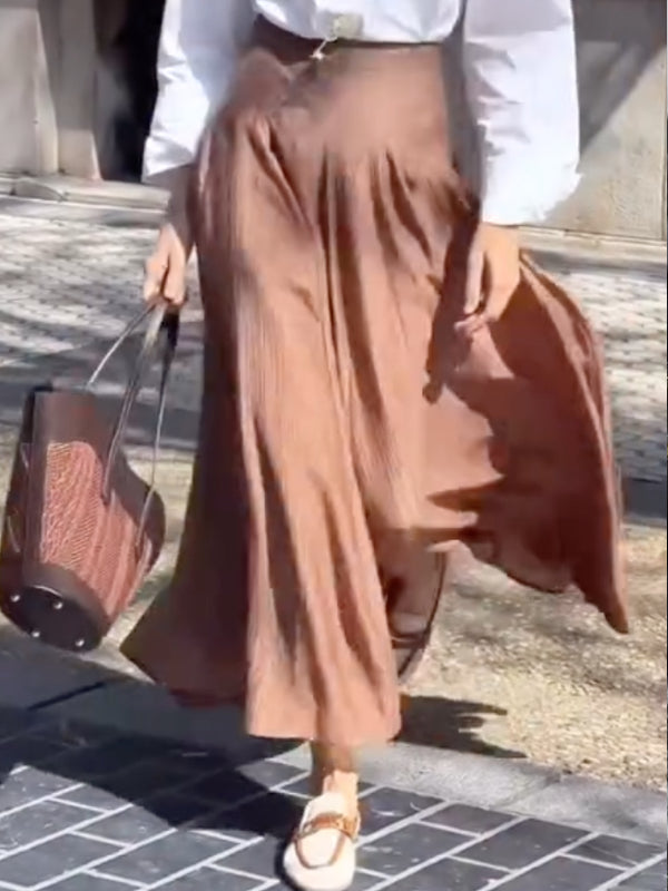 Button-Down Shirt & Brown Pleated Midi Skirt Set