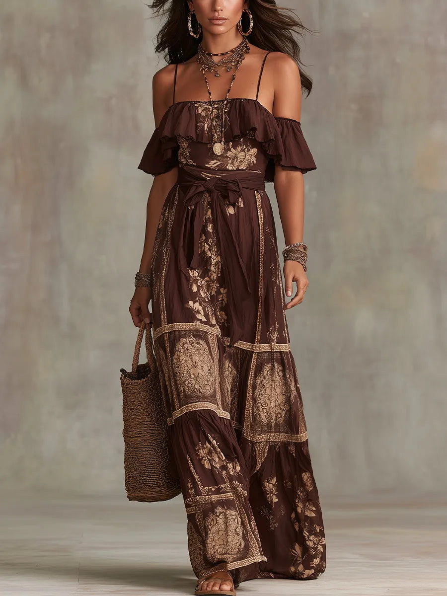 Chocolate Brown Floral Off-shoulder Ruffled Maxi Dress