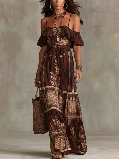 Chocolate Brown Floral Off-shoulder Ruffled Maxi Dress