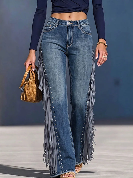 Women's High-waisted Loose-fit Wide-leg Denim Pants With Tassels And Studs