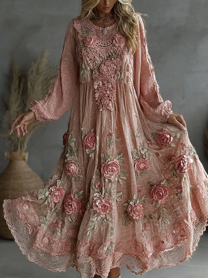 Women's Floral Roses Art Print Flowy Linen Blend Casual Long Sleeve Maxi Dress